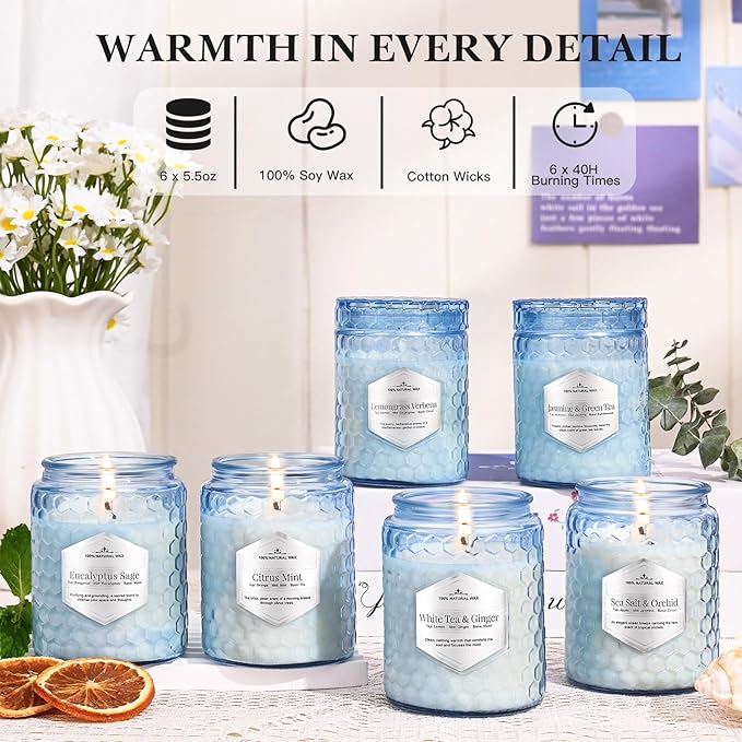 Lake Blue Candles for Home Scented, 6 Pack of 5.5 Oz Natural Soy Wax Candles in - Image 3