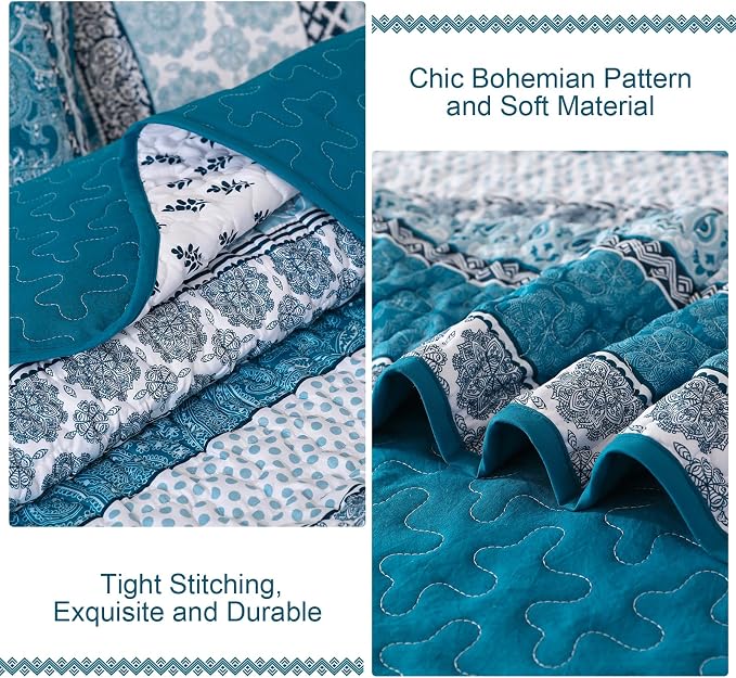 WONGS BEDDING Boho Quilt Set Queen Size, Teal Blue Bohemian 3 Pieces Quilt Sets - Image 6