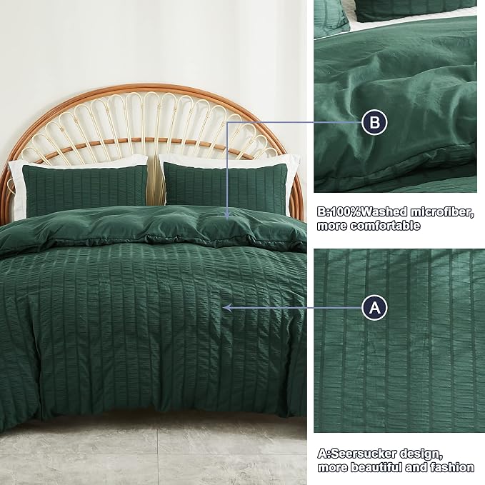AveLom Dark Green Seersucker Duvet Cover Set Queen Size, 3 Pieces, Ultra Soft - Image 7