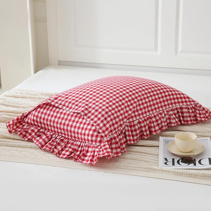 2 Pack Red/White Gingham Pillowcase 20x26 inches 100% Washed Cotton Ruffled - Image 5