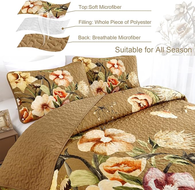 Drucon Brown Floral Quilt Set King Size 3 Pieces Brown Botanical Flower Quilt - Image 4