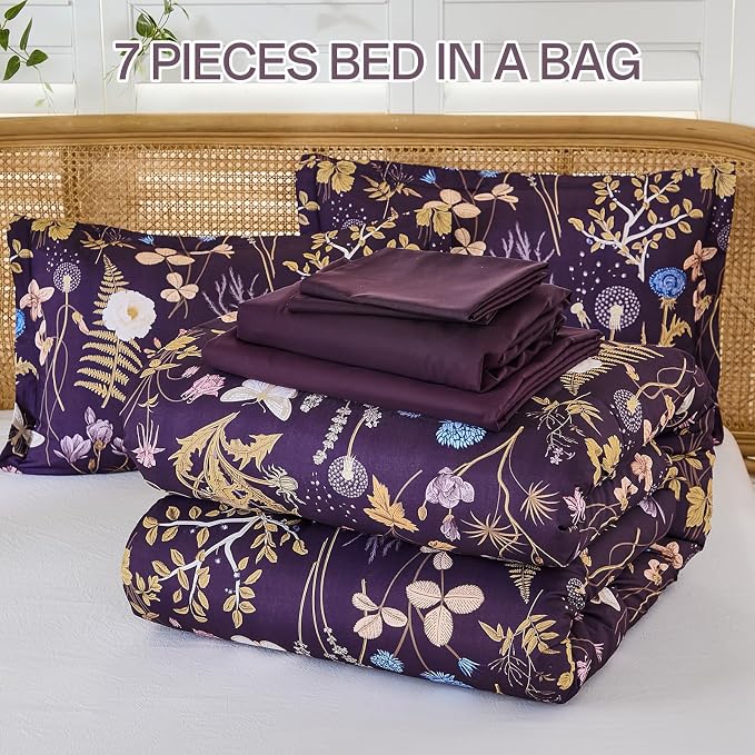 Yiran Purple Floral Comforter Set King Size, 7 Piece Botanical Comforter - Image 8