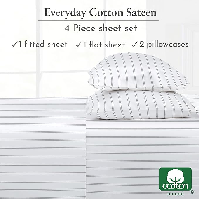 California Design Den Stripe Sheets Queen Size, 100% Cotton Sateen Printed - Image 6