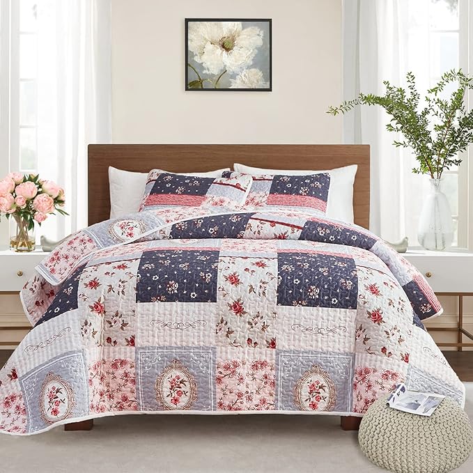 Patchwork Quilt Set Twin Size, 2 Pieces Pink Purple Floral Plaid Design Summer by Flysheep