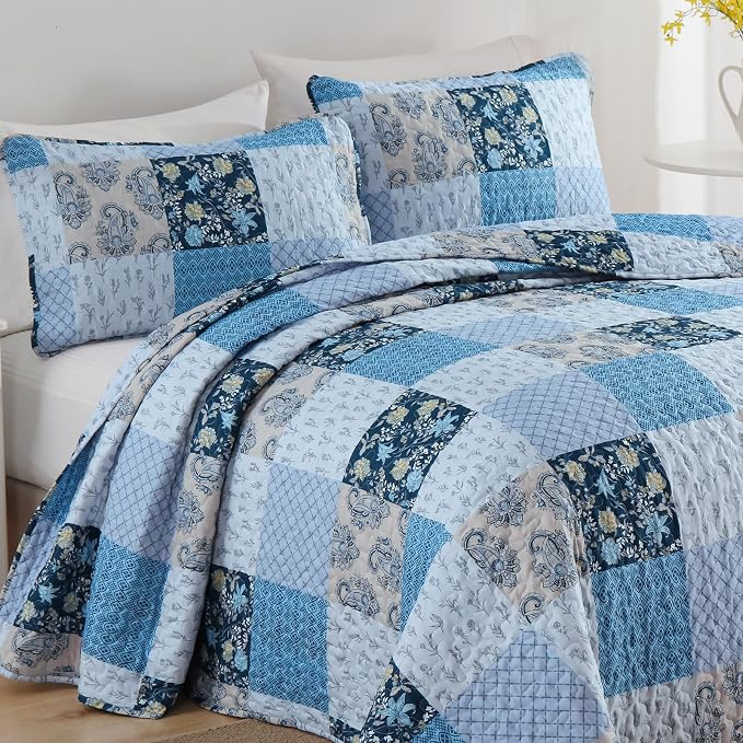 Xruibed Blue Quilt Set King Size 3 Pieces Plaid Floral Boho Bedspread Coverlet - Image 5