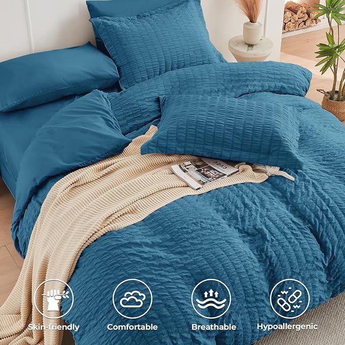 HYMOKEGE Teal California King Comforter Set Seersucker 7 Pieces, All Season - Image 3