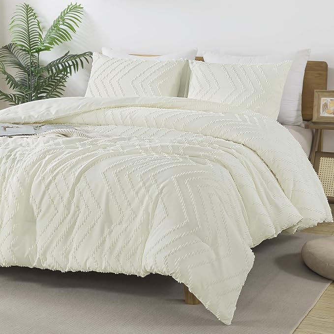 Andency Ivory Oversized Super King Comforter Set, Boho Soft Warm Tufted Neutral - Image 2