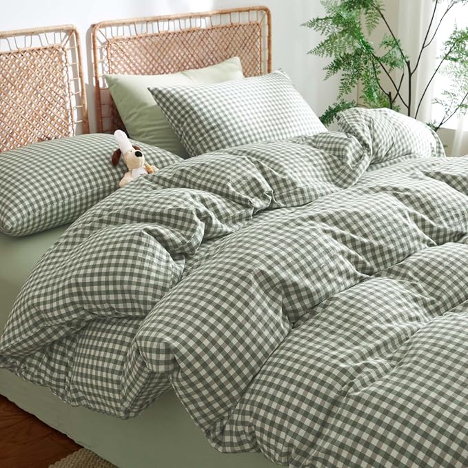 Nayoroom Gingham Duvet Cover Queen Size 100% Washed Cotton Green Plaid by Nayoroom