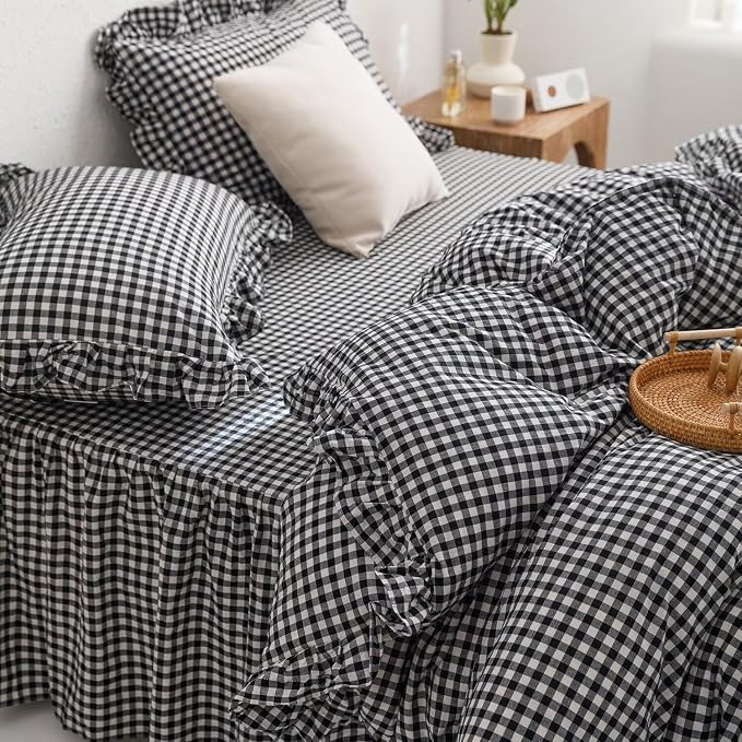 MKXI Black and White Gingham Duvet Cover Twin XL, 3-Piece Ruffled Bedding Set - Image 2