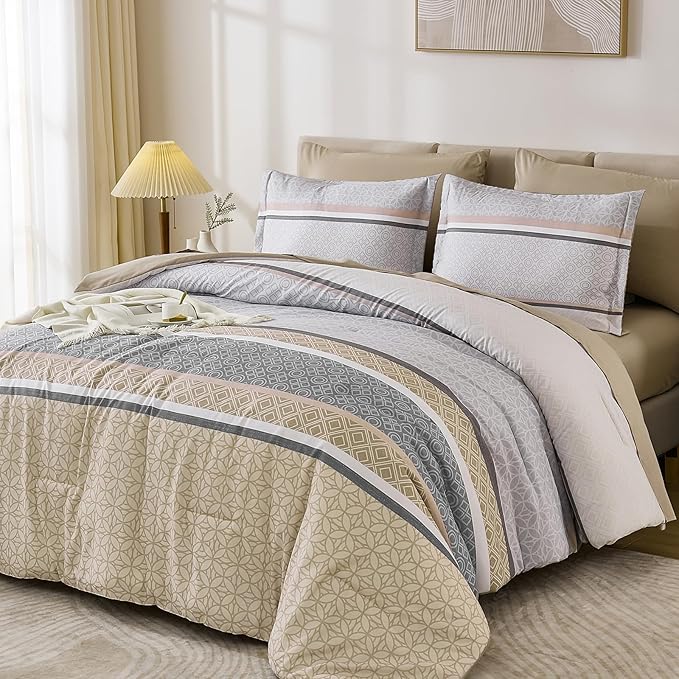 WONGS BEDDING Beige Comforter Set Queen Size, 7 Pieces Striped Bed in a Bag - Image 3