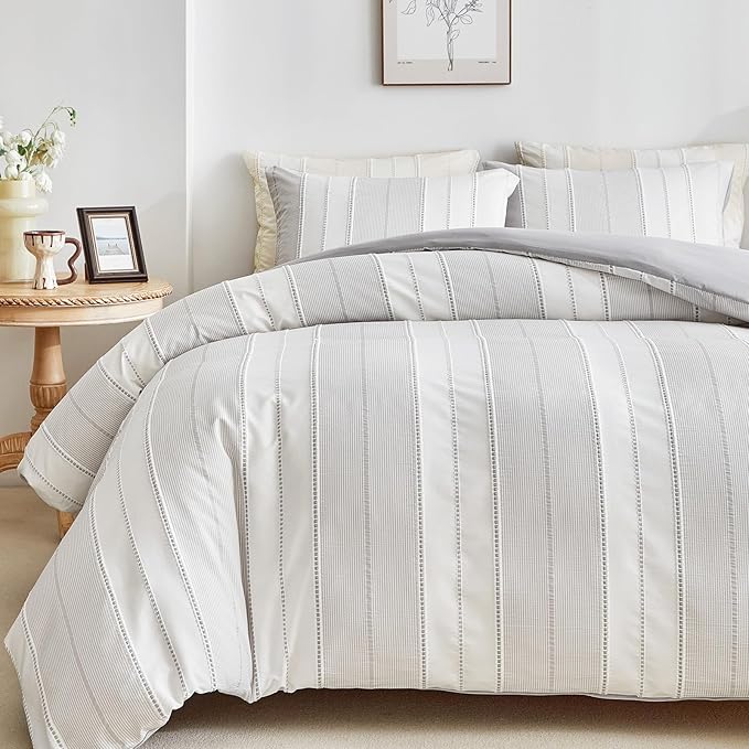 WARMDERN Light Grey Striped Weave Duvet Cover Twin Size, Microfiber Textured by WARMDERN