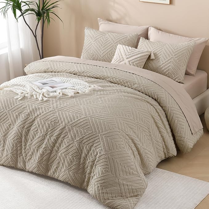 Andency Oatmeal King Size Comforter Set, 3 Pieces Boho Bedding Set & Collections - Image 6