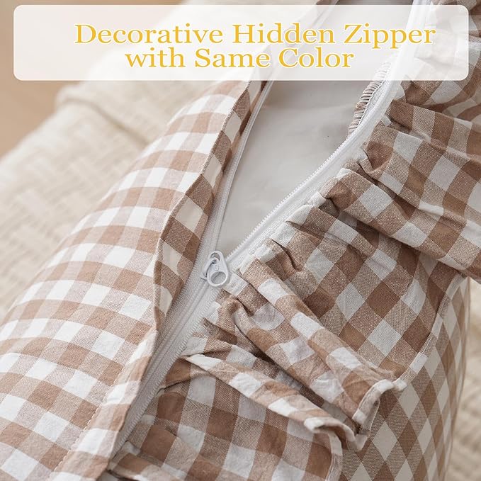 2 Pack Taupe/Brown Plaid Ruffle Throw Pillow Covers Farmhouse Checkered Chic - Image 4