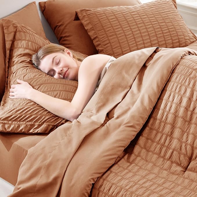 CozyLux King Size Comforter Set Pumpkin Seersucker 7 Pieces Bed in a Bag King - Image 5