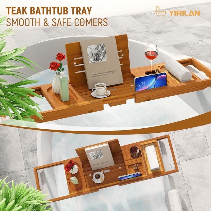 Yirilan Teak Bathtub Tray for Tub, Bath Table Tray for Tub Wood, Bathtub Caddy - Image 6