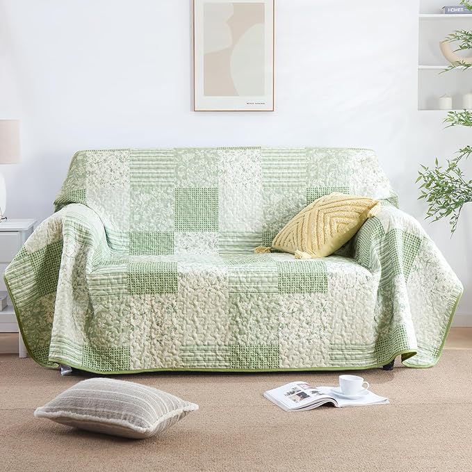 Mybedsoul Light Green Quilt Set Queen Size, 3 Pieces Plaid Floral Bedspread Set - Image 4