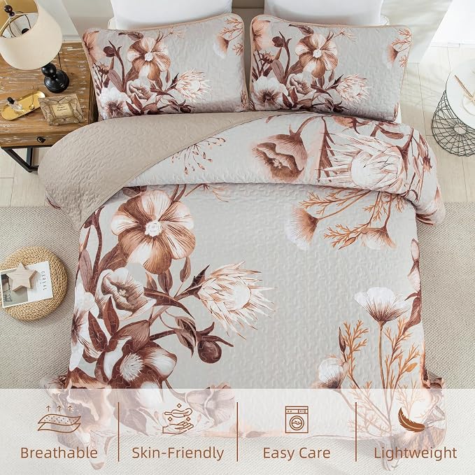 Khaki Floral Quilt Set Queen 3 Pieces Boho Flower Quilt Coverlet Set Soft - Image 6