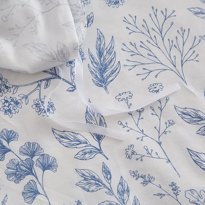 mixinni Blue Flower Duvet Cover Full Leaves Pattern 100% Cotton Full Size - Image 6