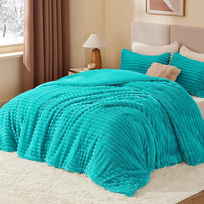 BEDELITE Fleece Twin Comforter Set -Super Soft & Warm Fluffy Teal Bedding - Image 2