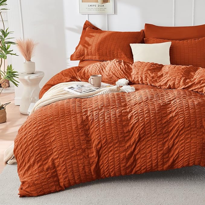 HYMOKEGE Burnt Orange King Size Comforter Set Seersucker 7 Pieces, All Season - Image 2