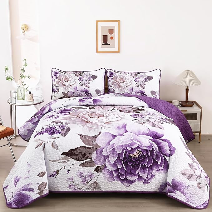 WONGS BEDDING Floral Quilt Set Purple Queen, Quilted Printed Lightweight by WONGSBEDDING