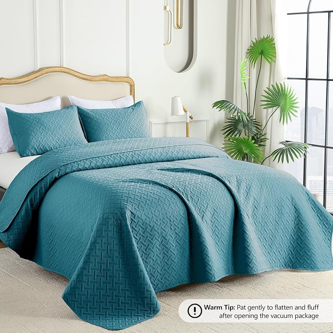 FLYMME Twin Quilt Set, Lightweight Teal Bedspreads, Basket Weave Pattern - Image 2