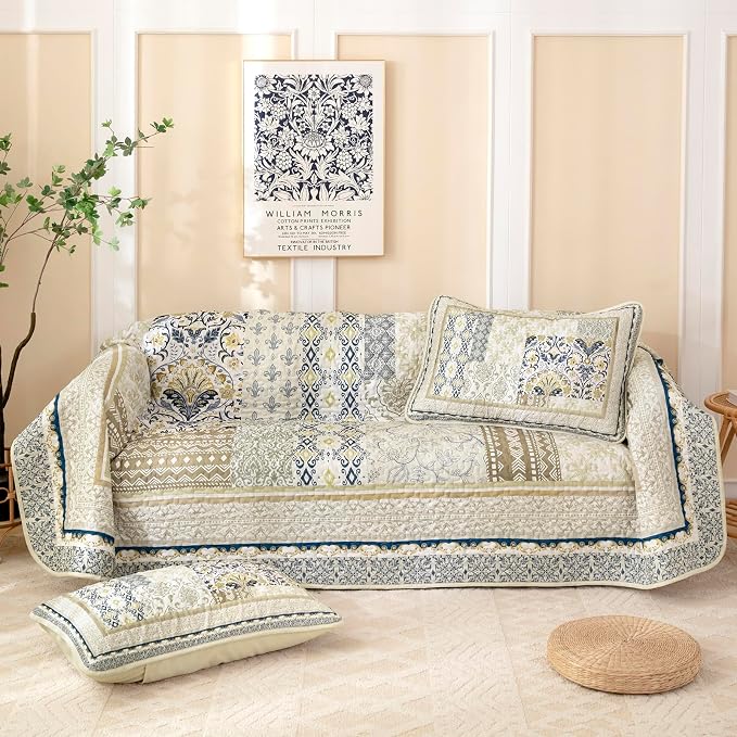WONGS BEDDING Boho Quilt Set King, 3 Pieces Beige Patchwork Bedspread Coverlet - Image 8