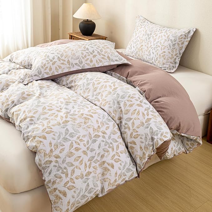 OAITE Coffee Leaves Twin Size Duvet Cover-3 Pieces Prewashed Cotton-Like - Image 5