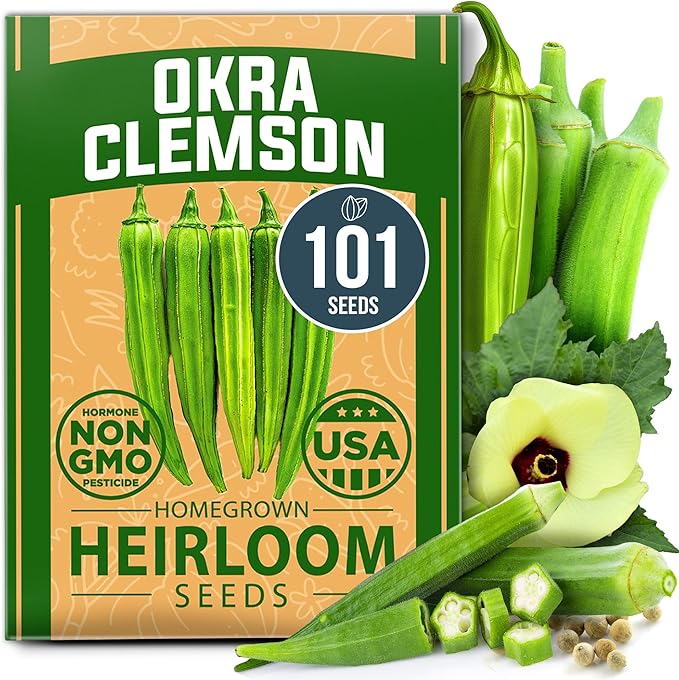 HOME GROWN Clemson Spineless Okra Seeds 101+ Heirloom Non-GMO Vegetable Seeds by HOMEGROWN
