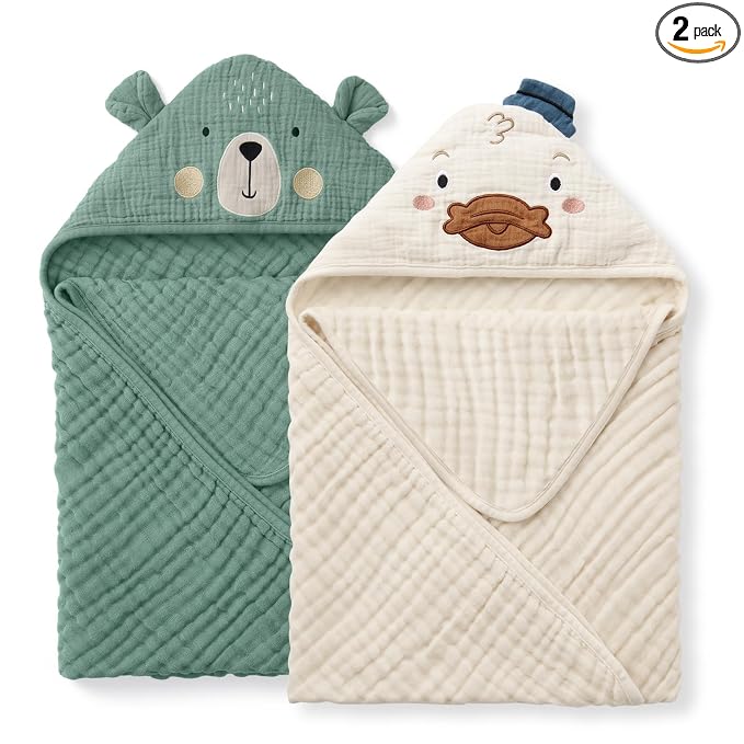Blissful Diary Muslin Baby Hooded Towel 2 Pack, Soft & Absorbent Bath Towel by ForEveryBabysBetterLife