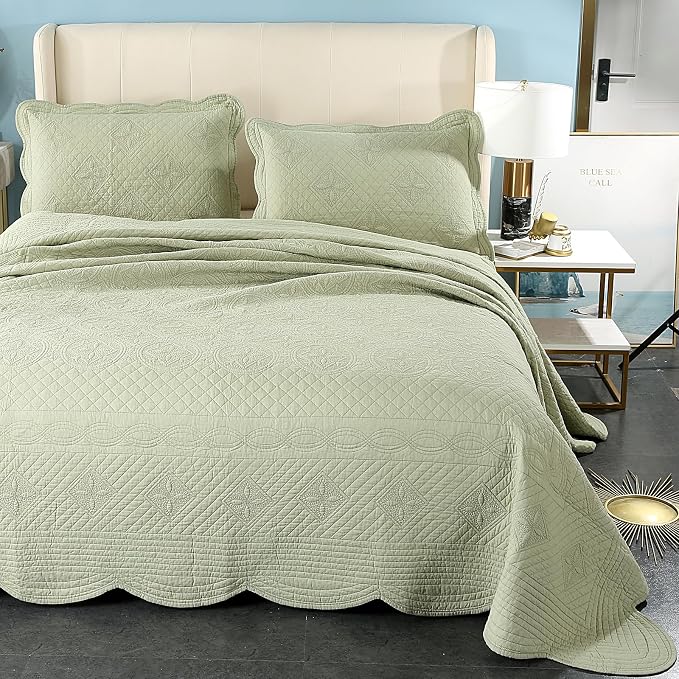 ROOMLIFE Quilt Set King Size 3D Floral Embroidery Pattern 3-Piece Cotton by ROOMLIFE