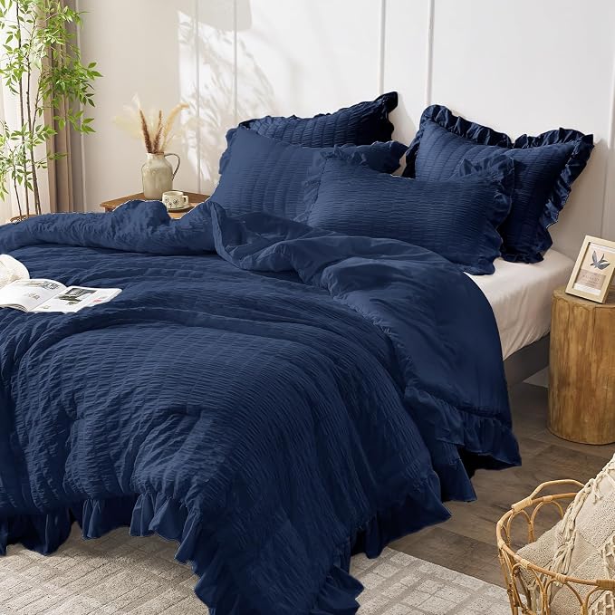 JOLLYVOGUE Navy Blue Comforter Full Size, 3 Pieces Seersucker Lightweight Full - Image 2