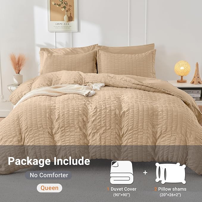 HYMOKEGE Khaki Duvet Cover Queen Size, Ultra Soft 3-Piece Seersucker Duvet - Image 5