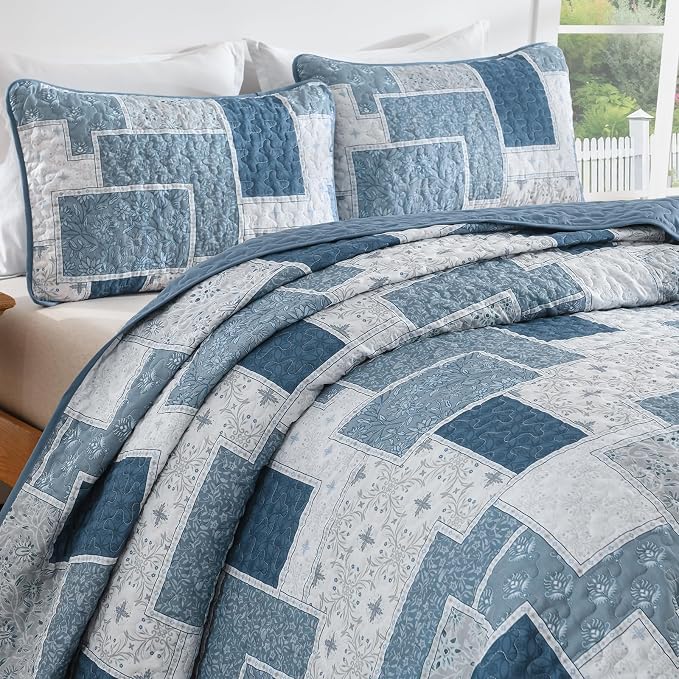 Xruibed Blue Boho Quilt Set King Size, 3 Pieces Plaid Floral Bedspread Coverlet - Image 5