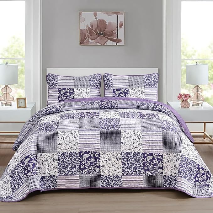 Mybedsoul Purple Quilt Set Full Size, 3 Pieces Plaid Floral Bedspread Set by Mybedsoul