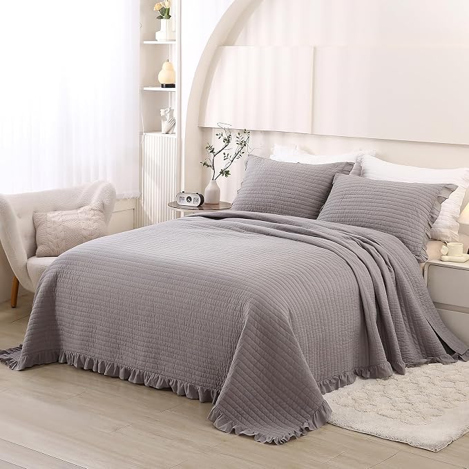 ROOMLIFE Quilt Set Full Size 3D Floral Embroidery Pattern 3-Piece Cotton - Image 3