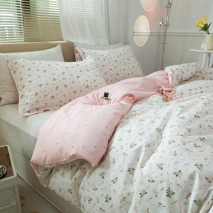 mixinni White Pink Floral Duvet Cover Queen Size Girls Garden Style 100% Cotton - Image 3