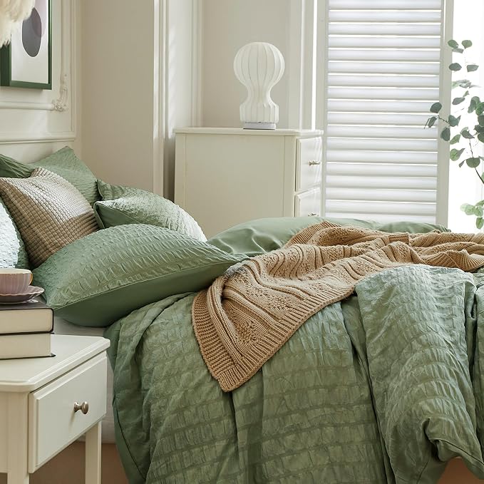 JELLYMONI Dark Green Duvet Cover Full Size, Soft Breathable Seersucker Duvet - Image 8