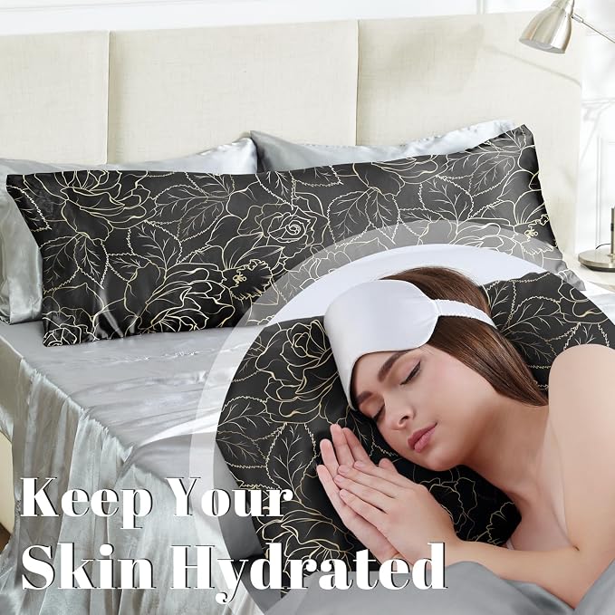 EXQ Home Satin Body Pillowcase for Hair and Skin- Rose on Black Silk Long - Image 3
