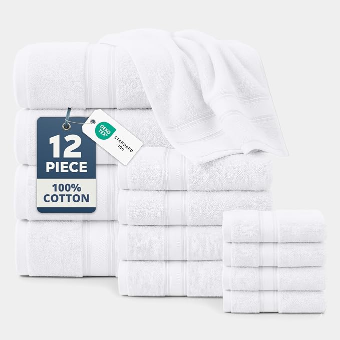 LANE LINEN 100% Mercerized Cotton Bath Towels Set of 12 – Zero Twist, 4 Bath by LaneLinen