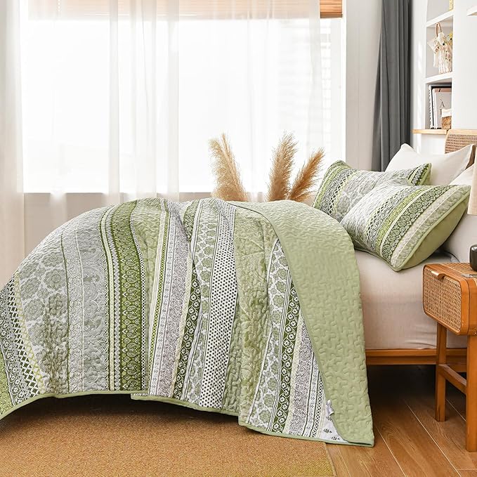 WONGS BEDDING Boho Quilt Set Queen Size, Sage Green Bohemian 3 Pieces Quilt Sets - Image 4