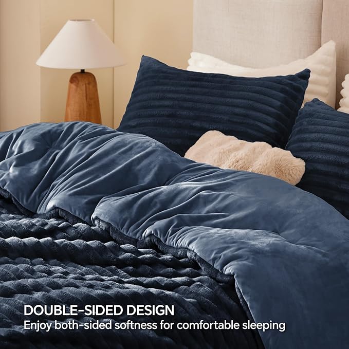 BEDELITE Fleece King Comforter Set -Super Soft & Warm Fluffy Navy Blue Bedding - Image 5