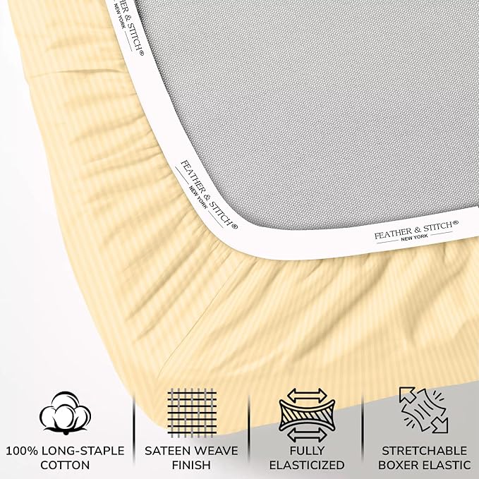 Feather & Stitch 1 Piece Fitted Sheet Twin Size, 100% Cotton Damask Sateen Weave - Image 2
