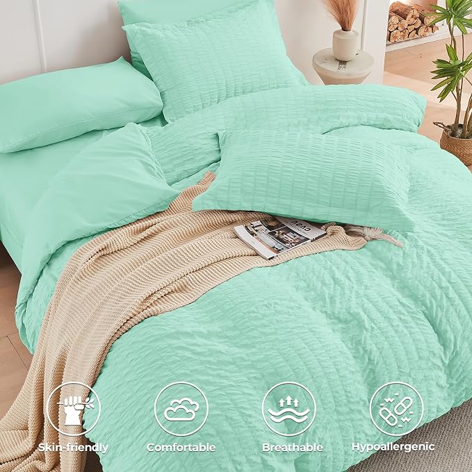 HYMOKEGE Mint Green Full Size Comforter Sets Seersucker 7 Pieces, All Season - Image 3