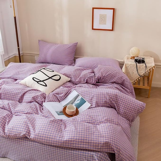 mixinni Purple Gingham Grid Duvet Cover Full, 100% Washed Cotton Modern by mixinni