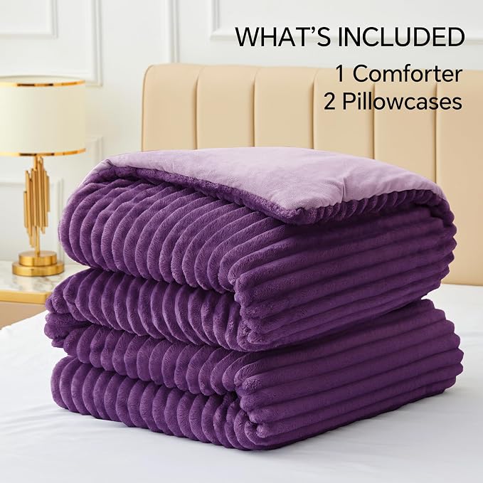 BEDELITE Fleece Queen Comforter Set -Super Soft & Warm Fluffy Purple Bedding - Image 7
