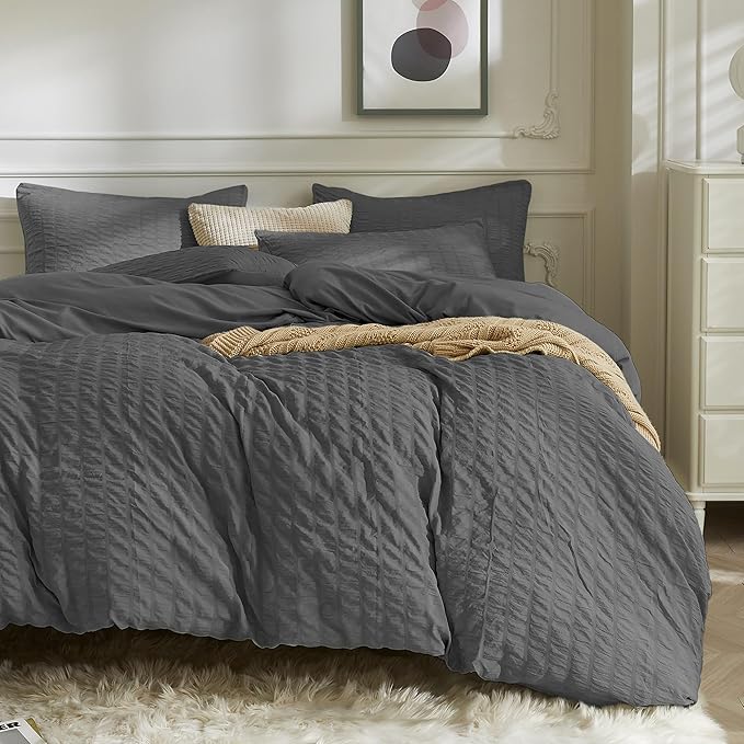 JELLYMONI Charcoal Grey Duvet Cover Queen Size, Soft Breathable Seersucker by JELLYMONI