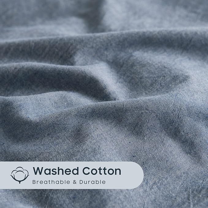 Wake In Cloud - Cotton Duvet Cover Set, Queen Size, Chambray Denim Blue - Image 6