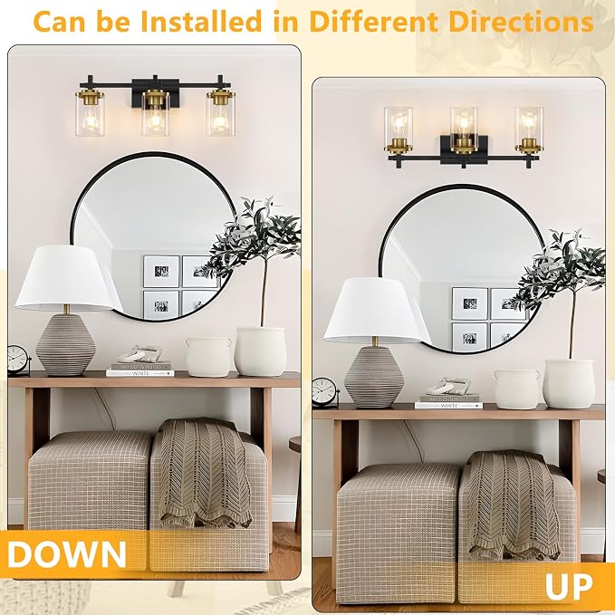 3-Lights Black and Gold Bathroom Light Fixtures Over Mirror, Modern Brushed - Image 3