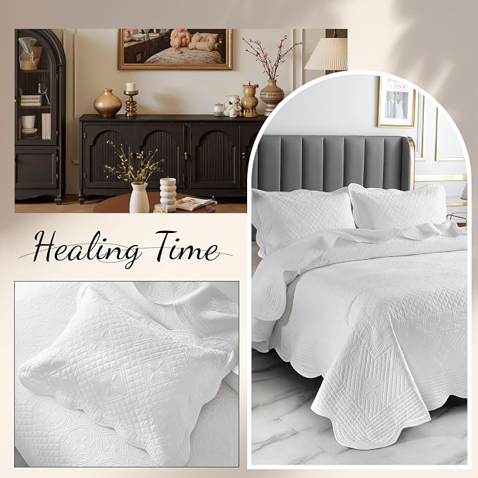 ROOMLIFE Quilt Set King Size 3D Floral Embroidery Pattern 3-Piece Cotton - Image 5